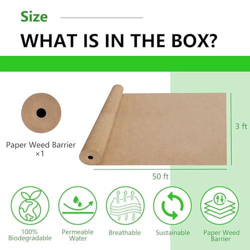 Biodegradable Weed Barrier, 3 x 50 Ft Heavy Duty Garden Paper Biodegradable Landscape Fabric Paper Garden Mulch Rolls Weed Barrier for Weeds, Paper Mulch Rolls Garden Paper for Outdoor Garden Lawn - size: 3x50ft