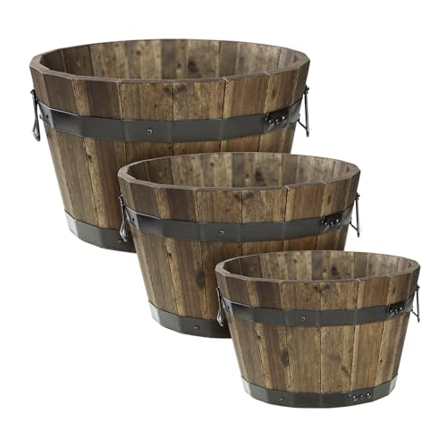 Idzo Set of 3 Wooden Flower Planters for Outdoor Plants, Acacia Wood Barrel Planters, Ergonomic Handles, Drainage Holes, Various Sizes, Walnut - color: Round Walnut_set 3