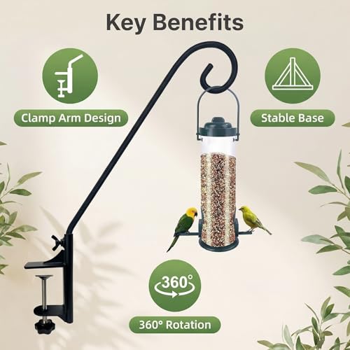 Heavy Duty Deck Hook,360 ° Rotating Design,Pole 15”Long Metal Deck Railing Hooks for Hanging Bird Feeders,Planters,Suet Baskets,Lanterns,Wind Chimes,Clamp Mounted,Under 18 LBS(2PACK)