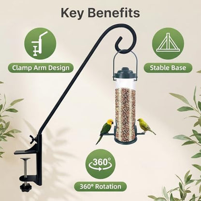 Heavy Duty Deck Hook,360 ° Rotating Design,Pole 15”Long Metal Deck Railing Hooks for Hanging Bird Feeders,Planters,Suet Baskets,Lanterns,Wind Chimes,Clamp Mounted,Under 18 LBS(2PACK)
