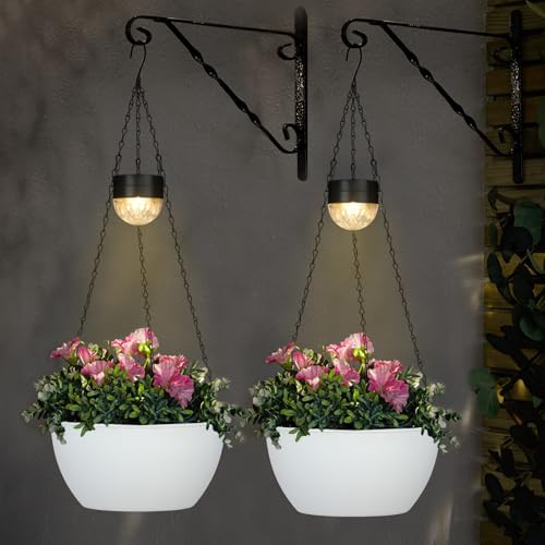 SUNNYPARK 2 Pack Solar Hanging Planters for Plants Outdoor - color: White