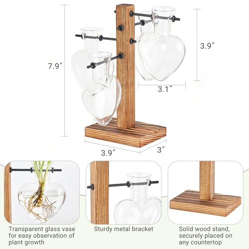 Mkono Propagation Stations,4 Heart Shaped Glass Plant Vases with Wood Stand - size: 4 Heart Bulb Vase