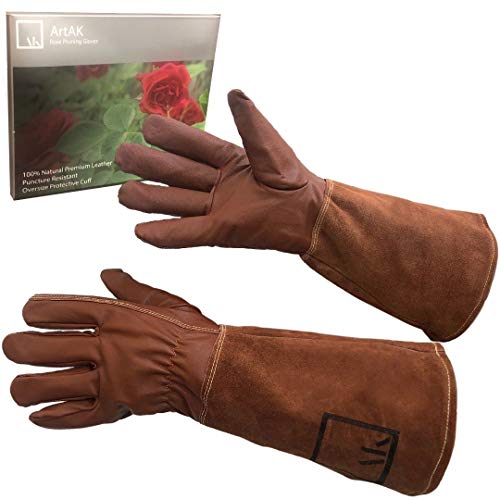 ArtAK Rose Pruning Long Gardening Gloves, Leather Gauntlet, Cut Proof Rose Gloves for Women & Men, Brown, Work Thorn Proof Glove for Rose Gardening - size: Medium