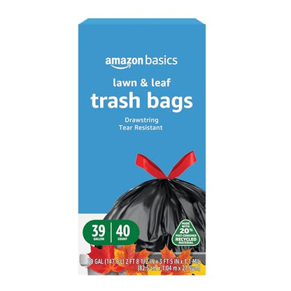 Amazon Basics 39 Gallon Lawn & Leaf Heavy Duty Drawstring Trash Bags, 20% Post Consumer Recycled, 40 Count, Black