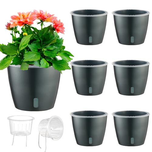 Self Watering Pots for Indoor Plants, 6-Pack 6.7'' Self Watering Planter with Drainage Holes, Small African Violet Pots with Water Indicator, Clear Wick Orchid Pot, Grey - color: Grey/6 Pack, size: 6.7"
