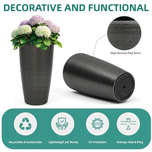 Autodaya 22.8" Tall Outdoor Planters Set of 2, Faux Brushed Steel Finish - color: Metallic Brushed Black-21.8"h