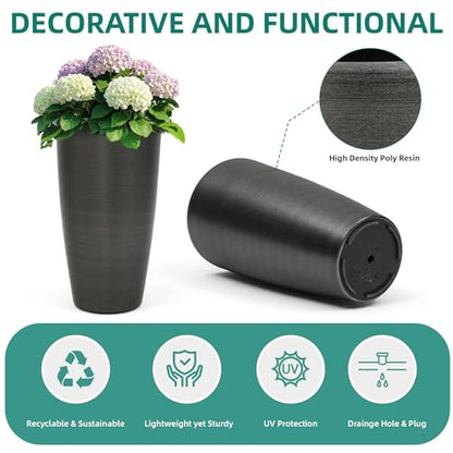 Autodaya 22.8" Tall Outdoor Planters Set of 2, Faux Brushed Steel Finish - color: Metallic Brushed Black-21.8"h