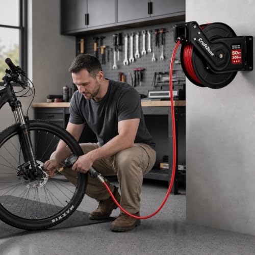 Retractable Air Hose Reel 50 FT | 300 PSI Air Compressor Hose Reel | 3/8 Hybrid Polymer Hose | Heavy-Duty Steel Wall Mount Swivel Bracket|Auto Rewind | All-Weather Retractable Air Hose - Red - size: 50ft