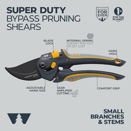 Woodland Tools Co. Super Duty Bypass Pruning Shears – 3/4" Cut Capacity, Gear-Driven Cutting System, High Carbon Steel Blade, Internal Spring, Adjustable Grip, Garden Pruner for Thick Stems and Shrubs - style: Super Duty Pruner