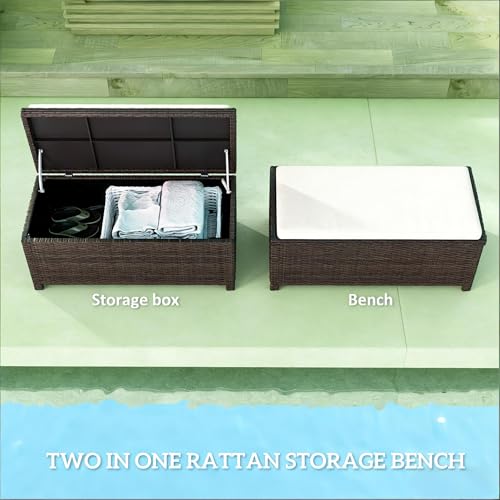 40" Outdoor Wicker Storage Bench, 34 Gallon Deck Box with Cushion, Coffee - color: Coffee,cream White