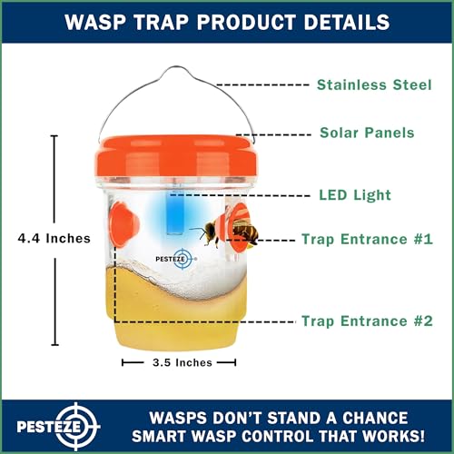 PESTEZE USA 2 Pack Reusable Solar Hanging Wasp Trap with LED Light [Orange, 3.5×4.4 in]–Attracts & Stop Wasps, Hornets, Yellow Jackets & Flying Insects Safely, Waterproof Outdoor Trap