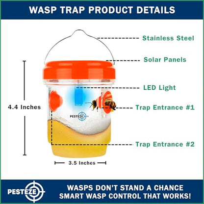 PESTEZE USA 2 Pack Reusable Solar Hanging Wasp Trap with LED Light [Orange, 3.5×4.4 in]–Attracts & Stop Wasps, Hornets, Yellow Jackets & Flying Insects Safely, Waterproof Outdoor Trap