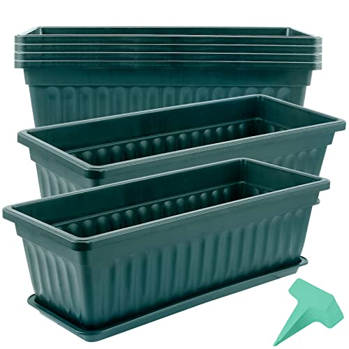 JOIKIT 6 Packs 17 x 7.5 x 5.5 Inch Plastic Window Planter Boxes with Trays, Plastic Vegetable Planter with 30 Plant Label, Countryside Flower Box Pot for Garden Windowsill Patio Balcony, Dark Green - color: Green