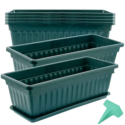JOIKIT 6 Packs 17 x 7.5 x 5.5 Inch Plastic Window Planter Boxes with Trays, Plastic Vegetable Planter with 30 Plant Label, Countryside Flower Box Pot for Garden Windowsill Patio Balcony, Dark Green - color: Green