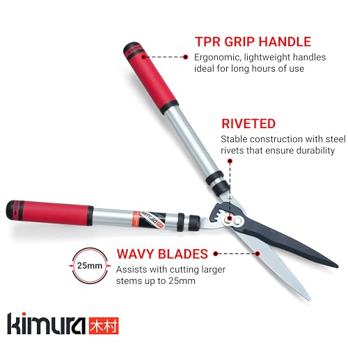 Kimura® Pro Telescopic Garden Shears - Premium Hedge Shears, Patented Gearing Technology, Lightweight Extendable Aluminium Handles, Japanese SK5 Steel Blades, Heavy Duty Gardening Shears - 25" - 34" - size: 25"-34"