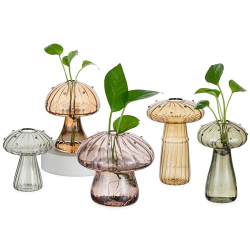 Hewory Plant Propagation Station: 5PCS Amber Glass Mushroom Vase for Flower - color: Multi-amber, size: 5