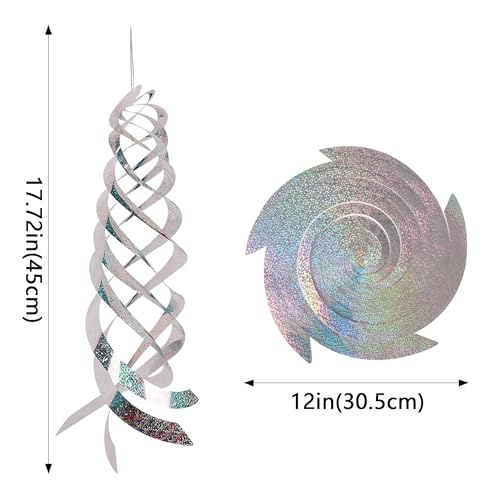 Spiral Reflective Bird Repellent Device 4Pcs, 17.8 Inch Silver Bird Deterrent Hanging Ornament, Wind-Activated Rotating Reflector, for Garden, Yard, and Balcony Window Bird Control