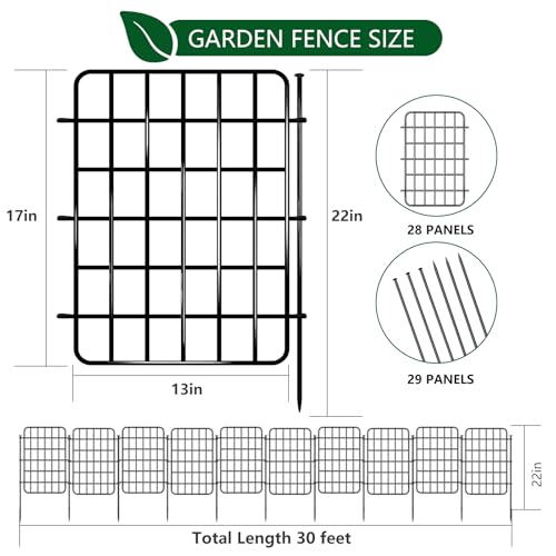 30ft x 17in Garden Fence Animal Barrier, 28 Panels No Dig Fence Border, Rustproof Metal Decorative Garden Fence with Ground Stake, Flower Bed Edging Border for Dog, Rabbit, Outdoor Yard Patio Decor - color: Black, size: 28 Panels, 30ft x 17in