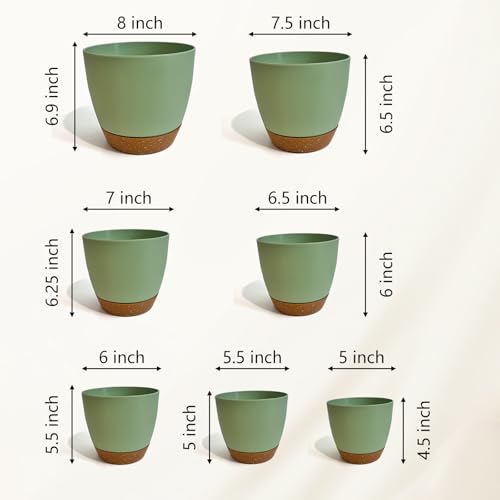 LIFFY Plant Pots, 8,7.5,7,6.5,6,5.5,5 Inch Plastic Self Watering Planters with Drainage Holes & Saucers, 7-Pack Green Nursery Planting Pot with Deep Reservoir for Indoor Outdoor Plants