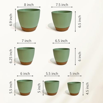 LIFFY Plant Pots, 8,7.5,7,6.5,6,5.5,5 Inch Plastic Self Watering Planters with Drainage Holes & Saucers, 7-Pack Green Nursery Planting Pot with Deep Reservoir for Indoor Outdoor Plants