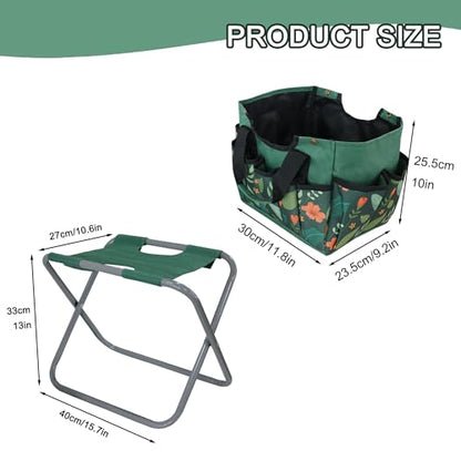 Folding Gardening Stool with Detachable Storage Tote Bag, Multifunctional Gardening Tools Set Organizer for Fishing and Camping,Portable Garden Chair Seat for Adults (Green Flower)