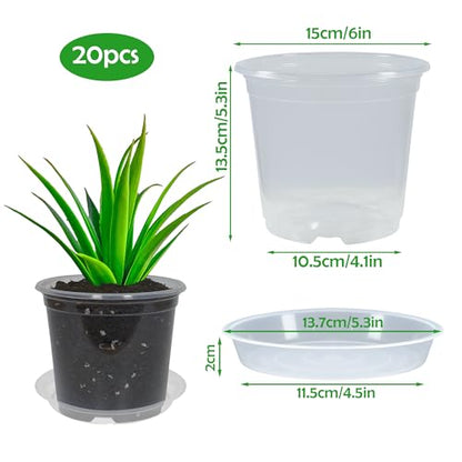 20 Pack 6 Inch Clear Nursery Pots with Drainage and 20 Pack Plant Saucers, 0.5 Gallon Plant Pots for Plants Potting Containers Half Gallon Plants Seeding Starter Pot (Clear, 6 Inch) - color: Clear, size: 6 Inch