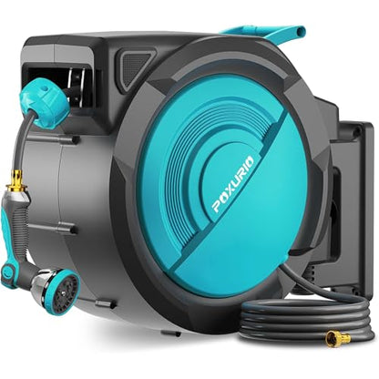 1/2" 110FT Retractable Garden Hose Reel, Wall Mounted Automatic Hose Reel with Upgraded 10 Pattern Nozzle/Any Length Lock/Slow Return System/180°Swivel Bracket, AquaBlue - size: 110FT-1/2"