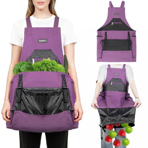 Garden Apron,Harvest Aprons with Drawstring Bag and Pockets for Women and Men,Canvas Fruit Picking Apron - color: Purple