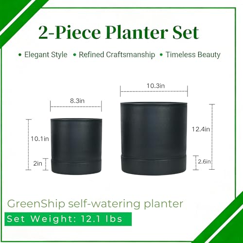GreenShip Planter Set of 2 (9.8" & 7.8") – Dual-Use Self-Watering or Traditional Indoor Cylinder Flower Pots with Saucers & Side Drainage – Durable Lightweight Clay & Resin Blend - color: Black, size: 9.8in+7.8in