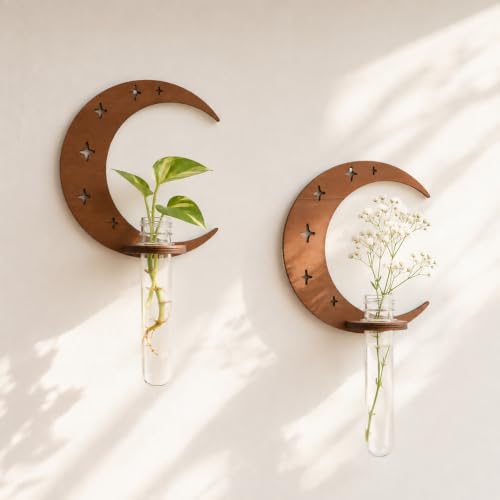 Artilady Plant Propagation Station, Moon Wall Hanging Wood Terrariums Tube - color: Crescent Moon