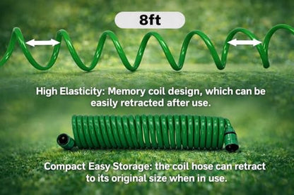 Coil Garden Hose 8 ft, Curly Water Hose with Plastic Connectors, Recoil Garden Water Hose, Retractable, Corrosion Resistant Garden Coil Hose.