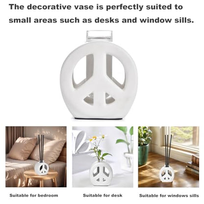 Propagation Vase, 2-in-1 Small Flower Vase and Aromatherapy Diffuser, Handcrafted Ceramic with Clear Glass Root Observation Tubes, Modern Desktop Centerpiece for Plant Lovers - color: White Peace Sign