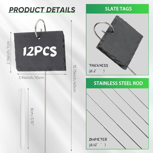 Colingmill 12 Sets Plant Labels Slate Plant Tags Garden Sign Marker Weatherproof Reusable Natural Slate Garden Sign Hanging Tag with Metal Stake and Pen for Outdoor Flower Vegetable(Rectangle) - style: Rectangle