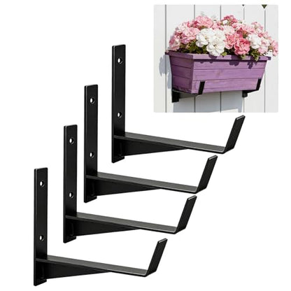 Window Box Brackets, 6 inch Flower Planter Box Brackets, Heavy Duty Metal Flower Box Wall Mounting Hooks for Railings, Garden, Balcony, Fences, Black(4 Pack ) - size: 4 Pack