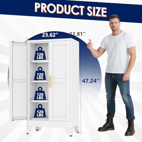 erosoei 47" H Metal Garage Storage Cabinet, Metal Pantry Cabinet with 2 Doors, Locker Steel Cabinet with 3 Adjustable Shelves, Freestanding Cupboard for Garage,Office,Home,Gym,School - color: White, size: 47"-NCasNLck