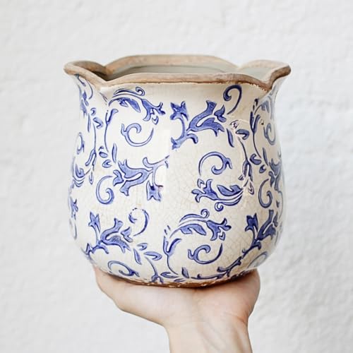 Retro Distressed Ceramic Pots, Antique Crackle Glaze Planters w/ Drainage - color: Blue Swirls