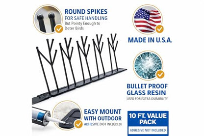 Heavy Duty Bird Spikes – Made in USA – Pigeon & Bird Deterrent for Ledges, Roofs, Fences & Window Sills – Durable Outdoor Anti-Roost Spikes – Humane Bird Control – No Glue Included (10 ft) - size: 10 ft