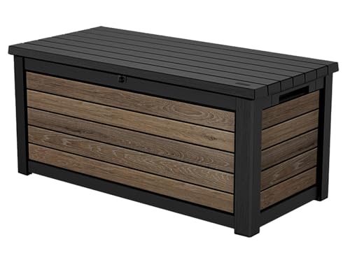 Keter Signature Collection 165 Gallon Resin Deck Box Organization and Storage Box for Patio Outdoor Cushions, Throw Pillows, Garden Tools and Pool Supplies, Walnut - color: Walnut, size: 165 Gallon