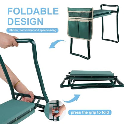 Garden Kneeler and Seat, Foldable Kneeling Stool with Tool Bag Pouch EVA Foam Pad Outdoor Practical Garden Tools for Kneeling and Sitting Sturdy and Lightweight,Green