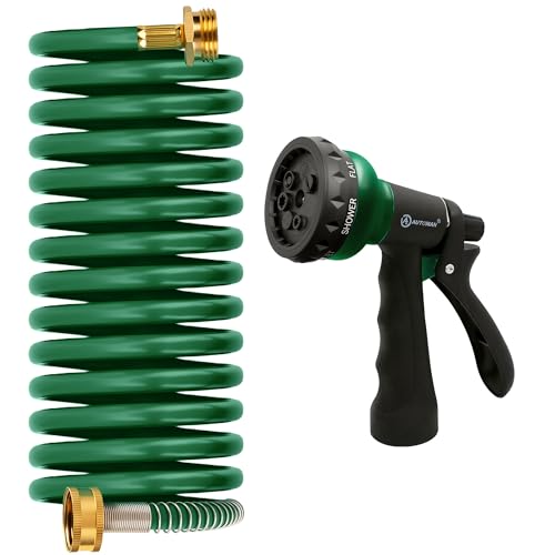 AUTOMAN Coil Garden Hose 15 ft, EVA Curly Water Hose with Brass Connectors, Recoil Garden Water Hose,Includes 7-Pattern Function Sprayer,Retractable,Corrosion Resistant Garden Coil Hose. - color: Dark Green, size: 15ft