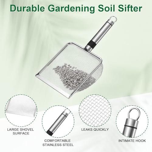 M METERXITY 1-Pack Gardening Soil Sifter, 2.8 mm Mesh Stainless Steel Sand Soil Compost Sieve with Stainless Steel Handle for Sand/Dirt/Rock Compost, Screen Potting Scoop [Silver Tone] - size: 2.8 mm