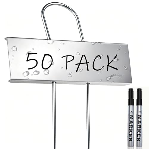 50 Pack Metal Plant Labels with 2 Pens - 10.6" Weatherproof Garden Markers, Reusable Nursery Tags for Vegetables Herbs Flowers Seedlings, Silver - color: Silver-50