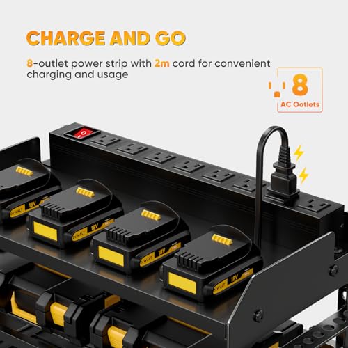 POKIPO Power Tool Organizer Wall Mount with Charging Station,Tool Storage Rack with 8 Outlet Power Strip,Heavy Duty Metal Battery Utility Rack with 4 Cordless Drill Holder 6.56 Ft Cord for Garage - color: Black, size: Standard