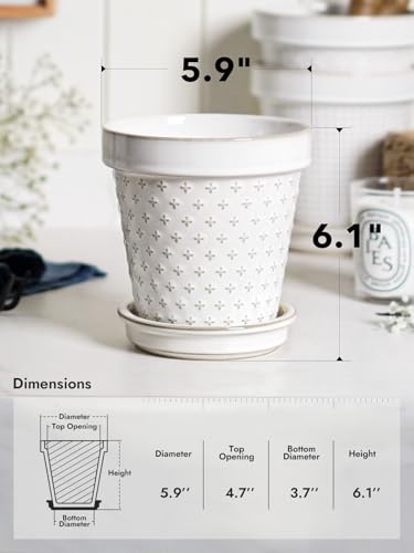 LE TAUCI Ceramic Flower Pot with Drainage Hole & Saucer,Plant Pots Set of 4,Arctic White - size: 5.5 inch