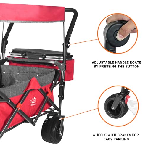 Foldable Wagon with Removable Canopy & Cooler Bag - Heavy Duty Collapsible Wagon Utility Cart with 4" All-Terrain Wheels for Camping, Beach, Garden - color: Red