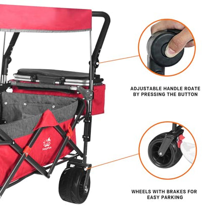 Foldable Wagon with Removable Canopy & Cooler Bag - Heavy Duty Collapsible Wagon Utility Cart with 4" All-Terrain Wheels for Camping, Beach, Garden - color: Red