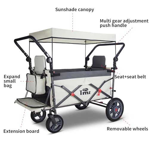 TMZ Collapsible Wagon with 2 Foldable Seats, Folding Wagon with Canopy, Multi Functional Cart with Adjustable Handle Bar, Front Expandable for Transport Camping (Grey/Beige) - color: Grey/Beige