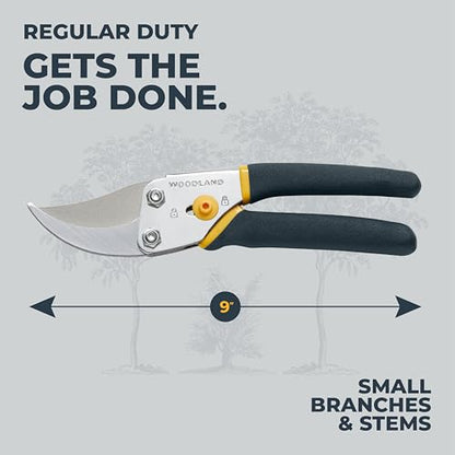 Woodland Tools Co. Bypass Pruning Shears for Gardening – 5/8" Cut Capacity, High Carbon Steel Blade with Non-Stick Coating, Soft Grip, Steel Handle, Hand Pruner for Plants, Flowers, and Shrubs - style: Regular Duty Pruner