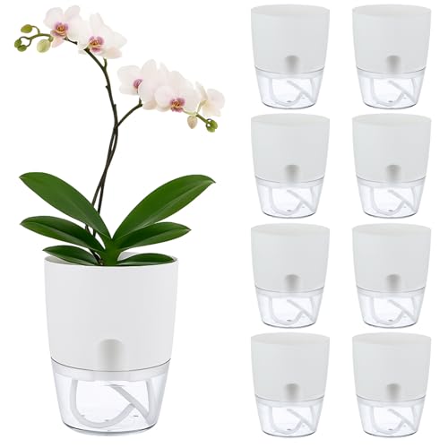 Planterhoma 8 Pack Self Watering Pots for Indoor Plants, 6 Inch Plant Pot Plastic Self Watering Planter for Orchid, African Violet, Small Clear Flower Pots with Drainage Holes and Wicking Rope, White - color: White, size: 6 In - 8 Packs