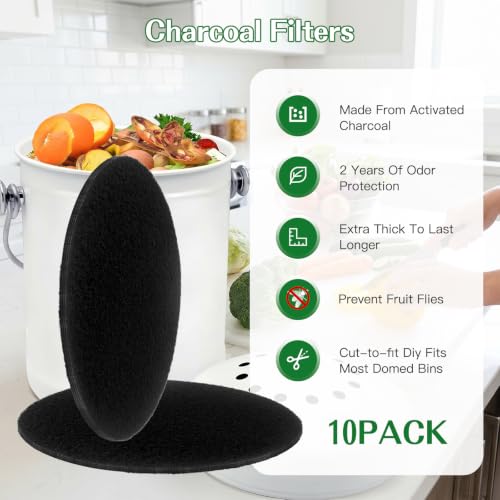 10 Pack Activated Charcoal Filters for Compost Pail, Countertop Kitchen Bin Refills, 6.7 Inch